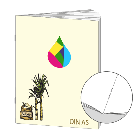 Broschüre aus Zuckerrohrpapier | DIN A5 32-Seiter | bedruckt
