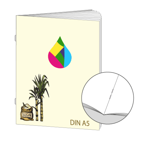 Broschüre aus Zuckerrohrpapier | DIN A5 12-Seiter | bedruckt